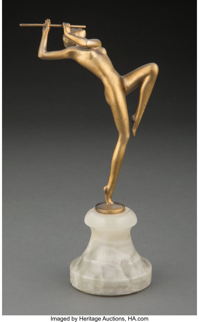 Josef Lorenzl (Austrian, 1892-1950) Flute Player: Josef Lorenzl (Austrian, 1892-1950) Flute Player, circa 1930 Gilt bronze, onyx 6-1/2 inches (16.5 cm) high on a 2-3/4 inches (7.0 cm) high onyx base Inscribed to base: LORENZL PROVENANCE: Hickmet Fine