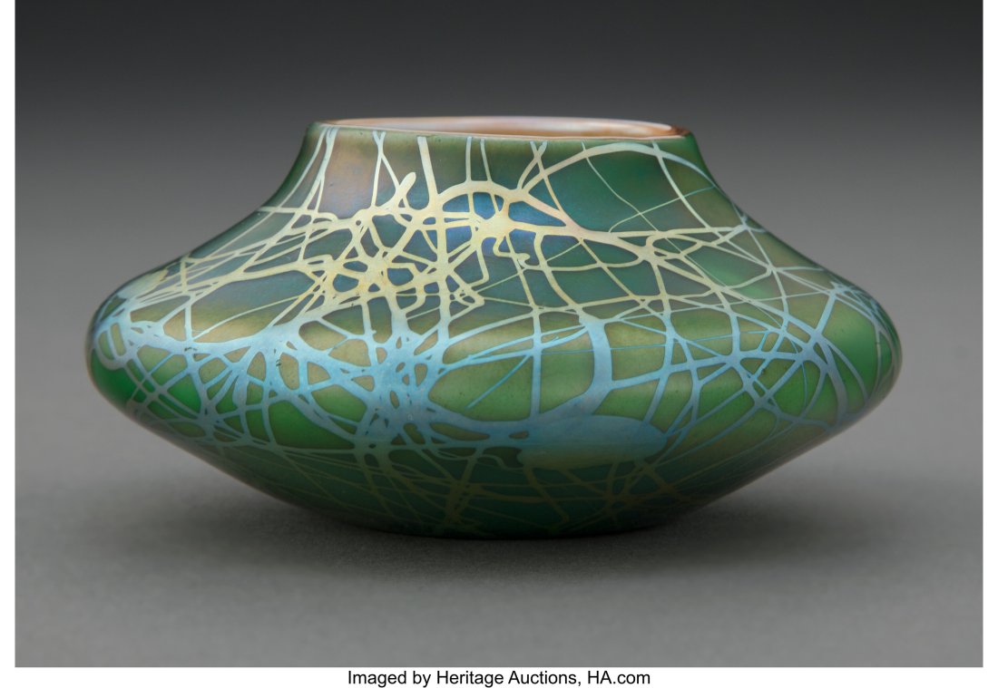 Steuben Decorated Green Aurene Glass Leaf and Vi: Steuben Decorated Green Aurene Glass Leaf and Vine Cabinet Vase, circa 1910 1-7/8 x 3-5/8 inches (4.8 x 9.2 cm) Property from an Important Private Collection of S