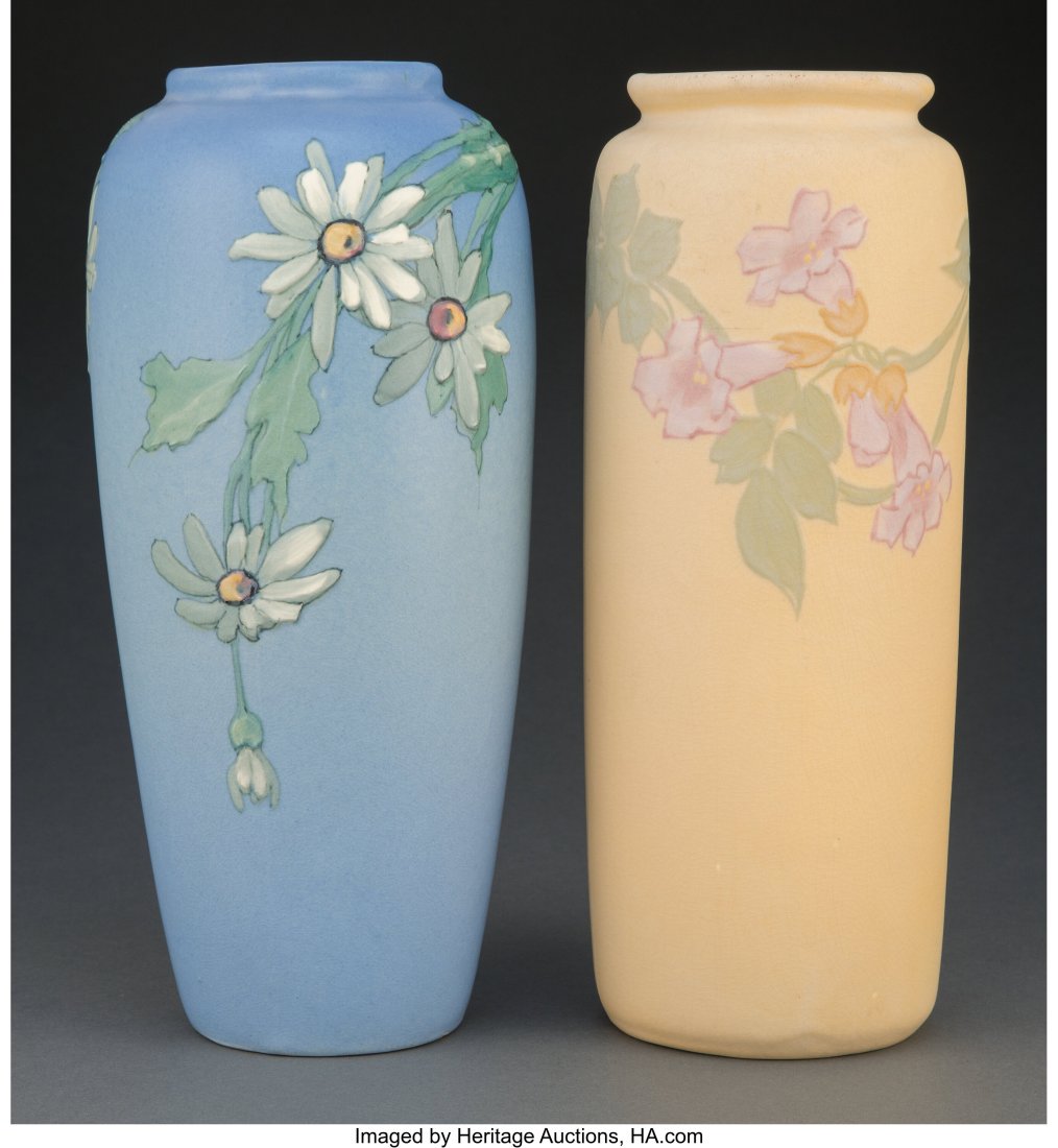 Two Weller Pottery Ceramic Floral Vases, circa 1: Two Weller Pottery Ceramic Floral Vases, circa 1910 and later Marks to tallest: Weller Pottery, (artist's cipher) 11-1/4 inches (28.6 cm) (tallest