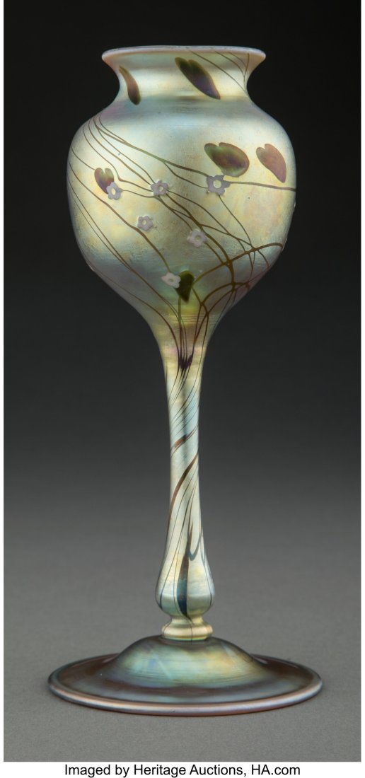 Steuben Decorated Gold Aurene Glass Floriform Va: Steuben Decorated Gold Aurene Glass Floriform Vase with Millefiori, circa 1910 Marks: AURENE, AURENE 578 7-5/8 inches (19.4 cm) Property from an Important Privat