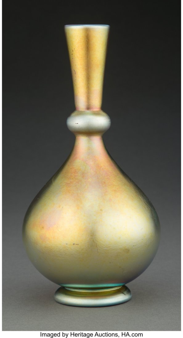 Steuben Gold Aurene Glass Vase, circa 1910 Marks: Steuben Gold Aurene Glass Vase, circa 1910 Marks: Aurene 170 8-1/8 inches (20.6 cm) LITERATURE: P. V. Gardner, The Glass of Frederick Carder, 1971, pl. III, fig. B (similar example). Property from an