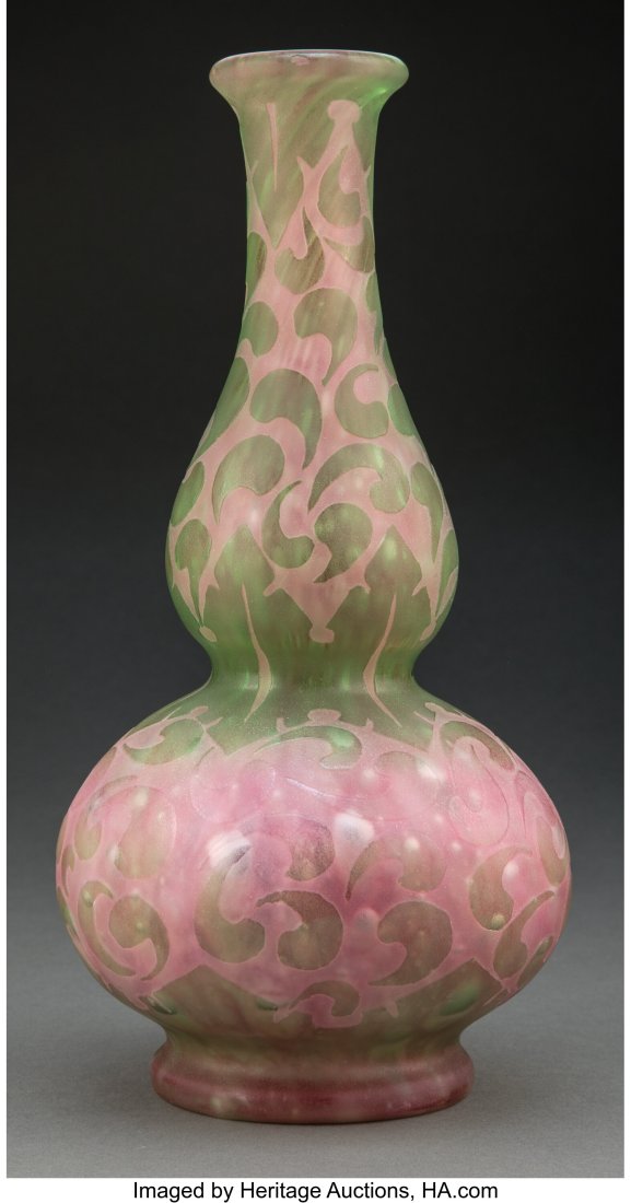 Steuben Acid-Etched Green Over Rose Cluthra Glas: Steuben Acid-Etched Green Over Rose Cluthra Glass Colombo Vase, circa 1930 12-5/8 inches (32.1 cm) Property from an Important Private Collection of Steuben, Waco&comma