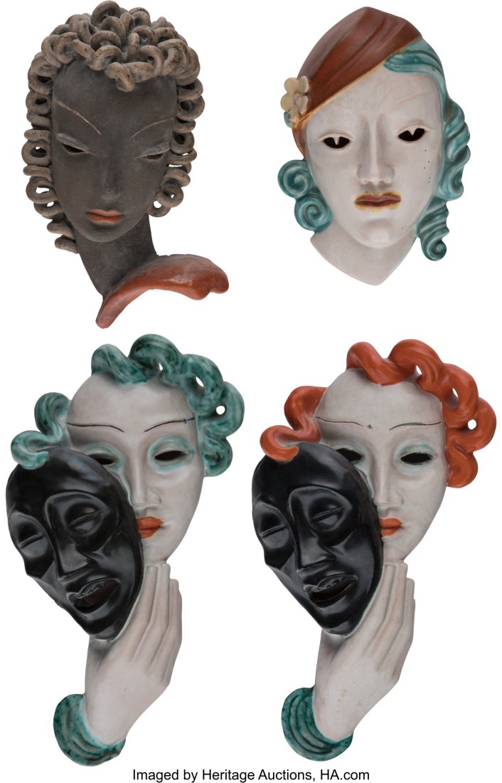 Four Continental Art Deco Glazed Earthenware Wal: Four Continental Art Deco Glazed Earthenware Wall Masks, circa 1925 Marks: (various) 14 inches (35.6 cm) (tallest) The group comprising: 2 Goldsc