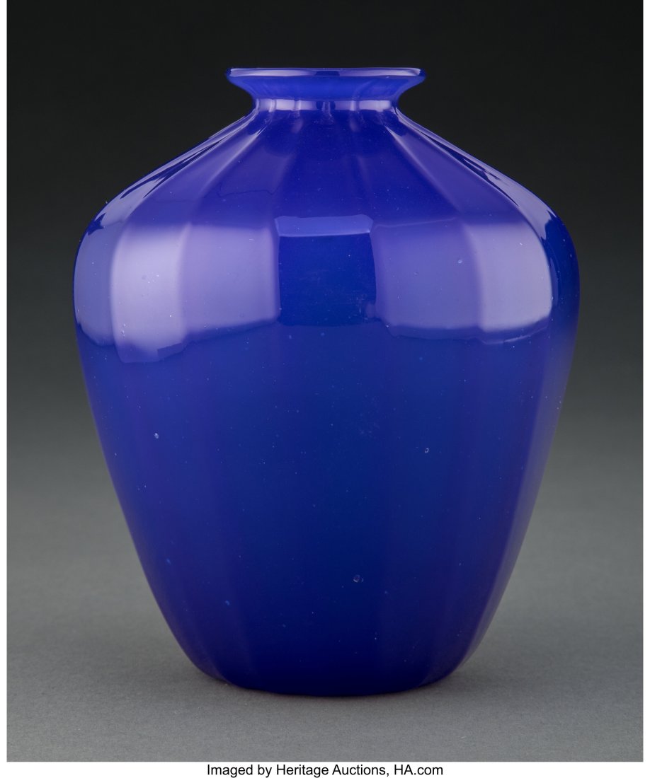 Steuben Dark Blue Jade Glass Vase, circa 1925 Ma: Steuben Dark Blue Jade Glass Vase, circa 1925 Marks: STEUBEN (fleur de-lis) 6 inches (15.2 cm) Property from an Important Private Collection of Steuben, Wa