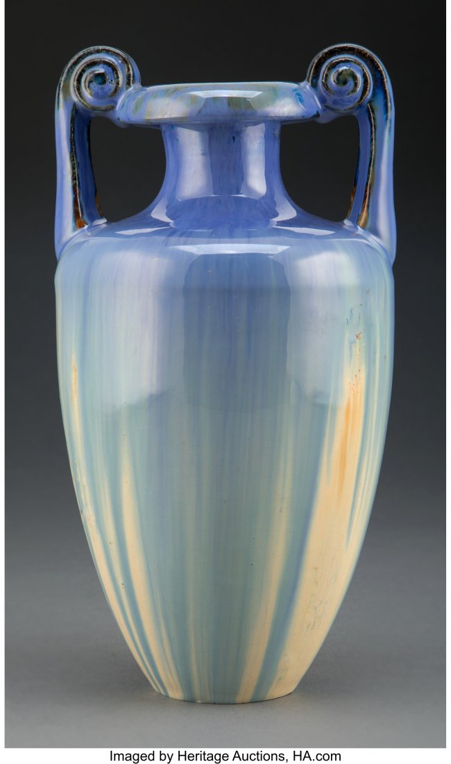 Fulper Pottery Blue Flambé-Glazed Ceramic Two-H: Fulper Pottery Blue Flambé-Glazed Ceramic Two-Handled Vase, circa 1920 Marks: FULPER 10-3/4 inches (27.3 cm) Property from the Collection of a Florida Antique D