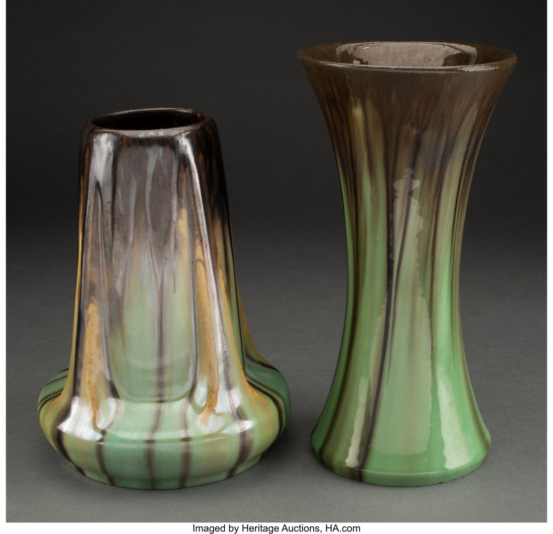 Pair of Fulper Pottery Brown and Green Glazed Ce: Pair of Fulper Pottery Brown and Green Glazed Ceramic Vases, circa 1910 Marks: FULPER 9-5/8 inches (24.4 cm) (tallest) HID03101062020 © 2022 Heritage Au