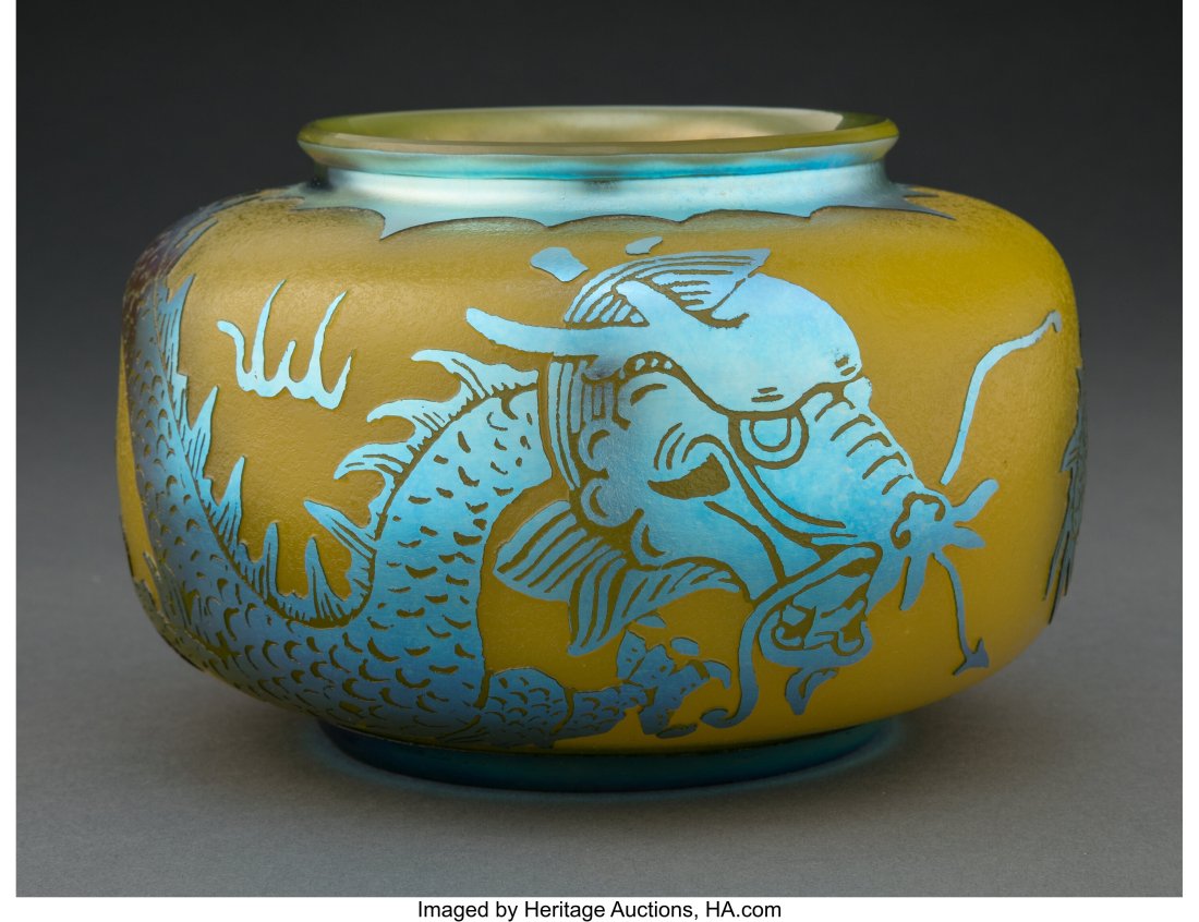 Steuben Acid-Etched Blue Aurene Over Yellow Jade: Steuben Acid-Etched Blue Aurene Over Yellow Jade Glass Dragon Vase, circa 1920 4-1/2 x 6-3/4 inches (11.4 x 17.1 cm) LITERATURE: T. P. Dimitro