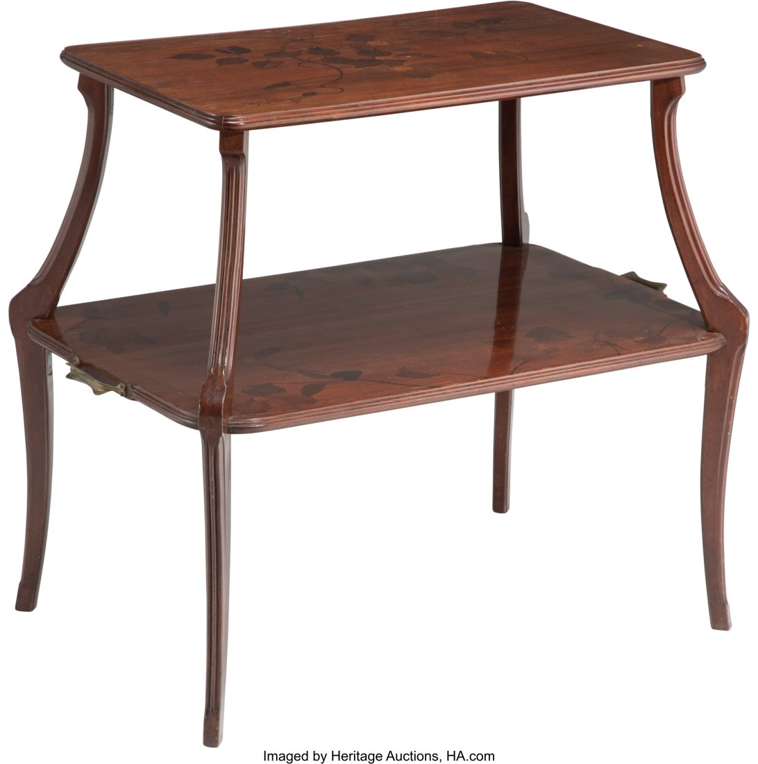 Louis Majorelle Mahogany Marquetry Two-Tiered Pa: Louis Majorelle Mahogany Marquetry Two-Tiered Parlent Table, circa 1900 Marks: L Majorelle 31-1/4 x 35-5/8 x 22-3/8 inches (79.4 x 90.5 x 56.8 cm&rpar
