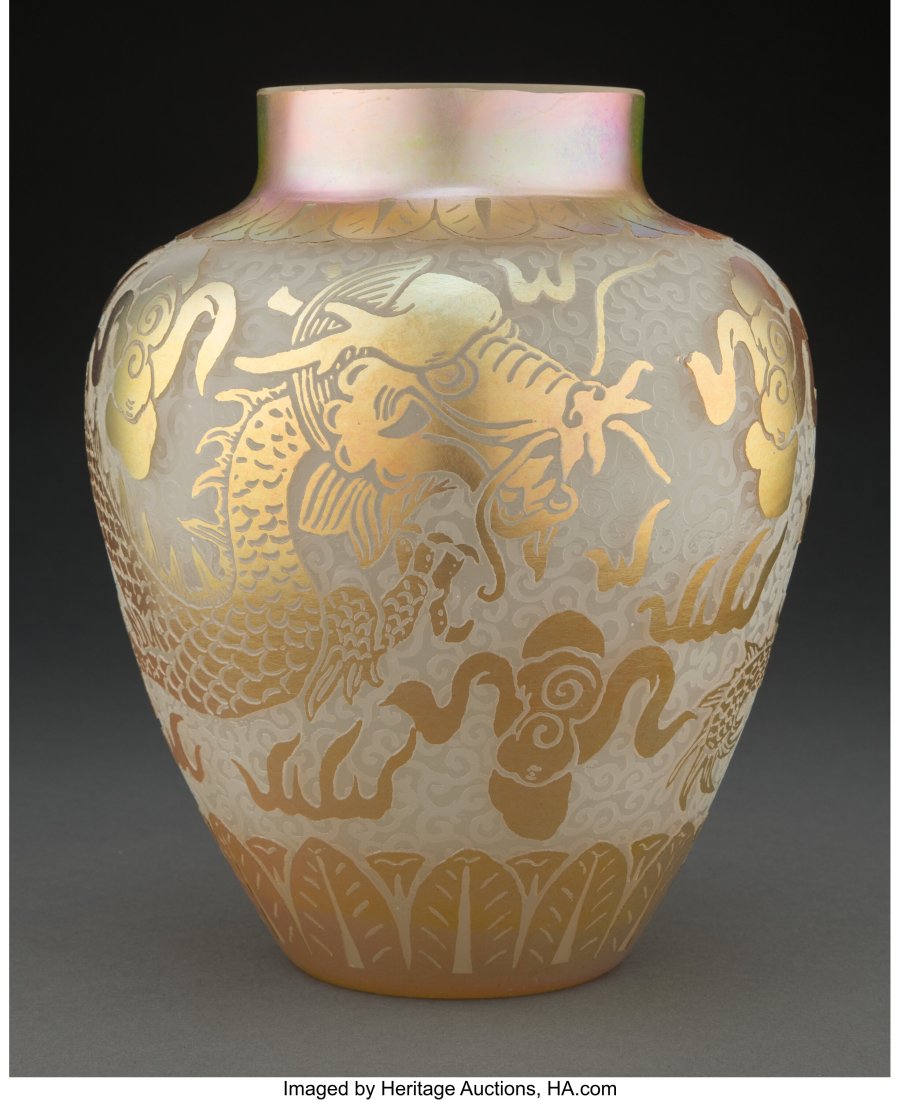 Steuben Double Acid-Etched Gold Aurene Over Alab: Steuben Double Acid-Etched Gold Aurene Over Alabaster Glass Dragon Vase, circa 1920 9 inches (22.9 cm) Property from an Important Private Collection of Steuben, Waco&comma