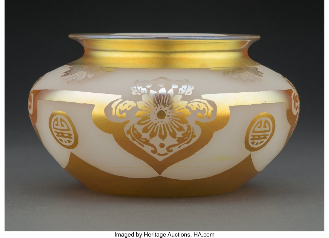 Steuben Acid-Etched Gold Over Alabaster Glass Rh: Steuben Acid-Etched Gold Over Alabaster Glass Rhodian Vase, circa 1920 4-1/8 x 6-7/8 inches (10.5 x 17.5 cm) Property from an Important Private Collection of Steu