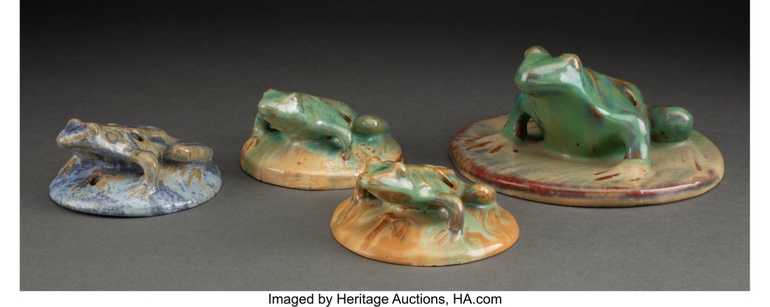 Four Fulper Pottery Glazed Ceramic Flower Frogs,: Four Fulper Pottery Glazed Ceramic Flower Frogs, circa 1920 3-1/2 x 6-5/8 inches (8.9 x 16.8 cm) (tallest) HID03101062020 © 2022 Heritage Auctions 