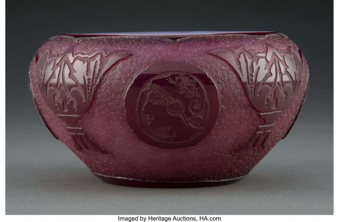 Steuben Double Acid-Etched Plum Jade Glass Muril: Steuben Double Acid-Etched Plum Jade Glass Murillo Bowl, circa 1920 3 x 5-3/4 inches (7.6 x 14.6 cm) LITERATURE: P. V. Gardner, The Glass of