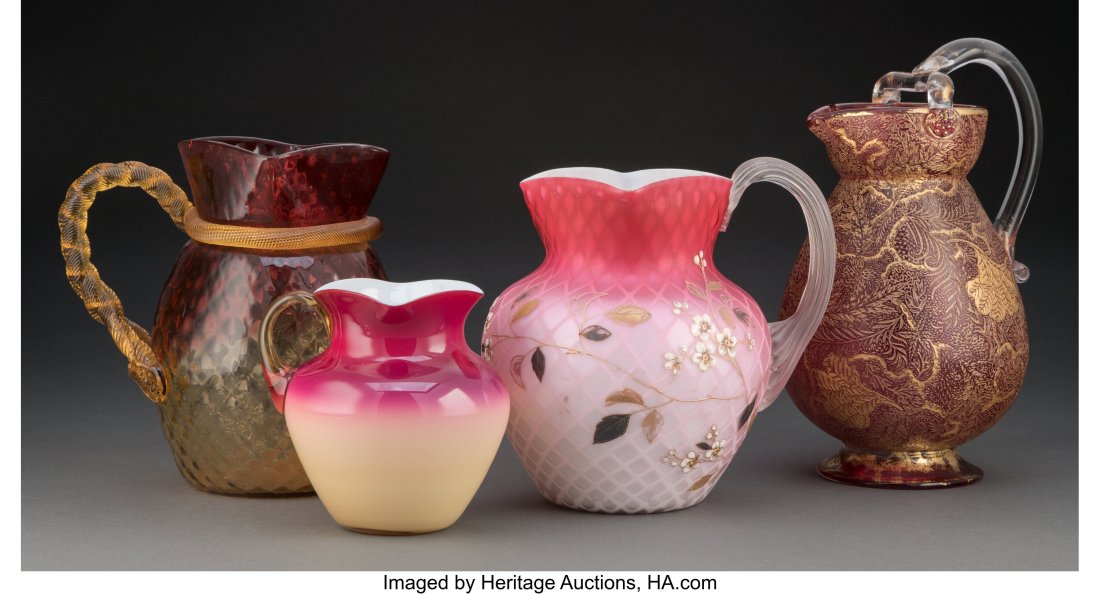 Four Victorian Glass Pitchers, late 19th Century: Four Victorian Glass Pitchers, late 19th Century Marks to one: LIAM SW 5 Ea 10-5/8 inches (27.0 cm) The group comprising: 1 acid-etched jug; 1 red ombr&eacu