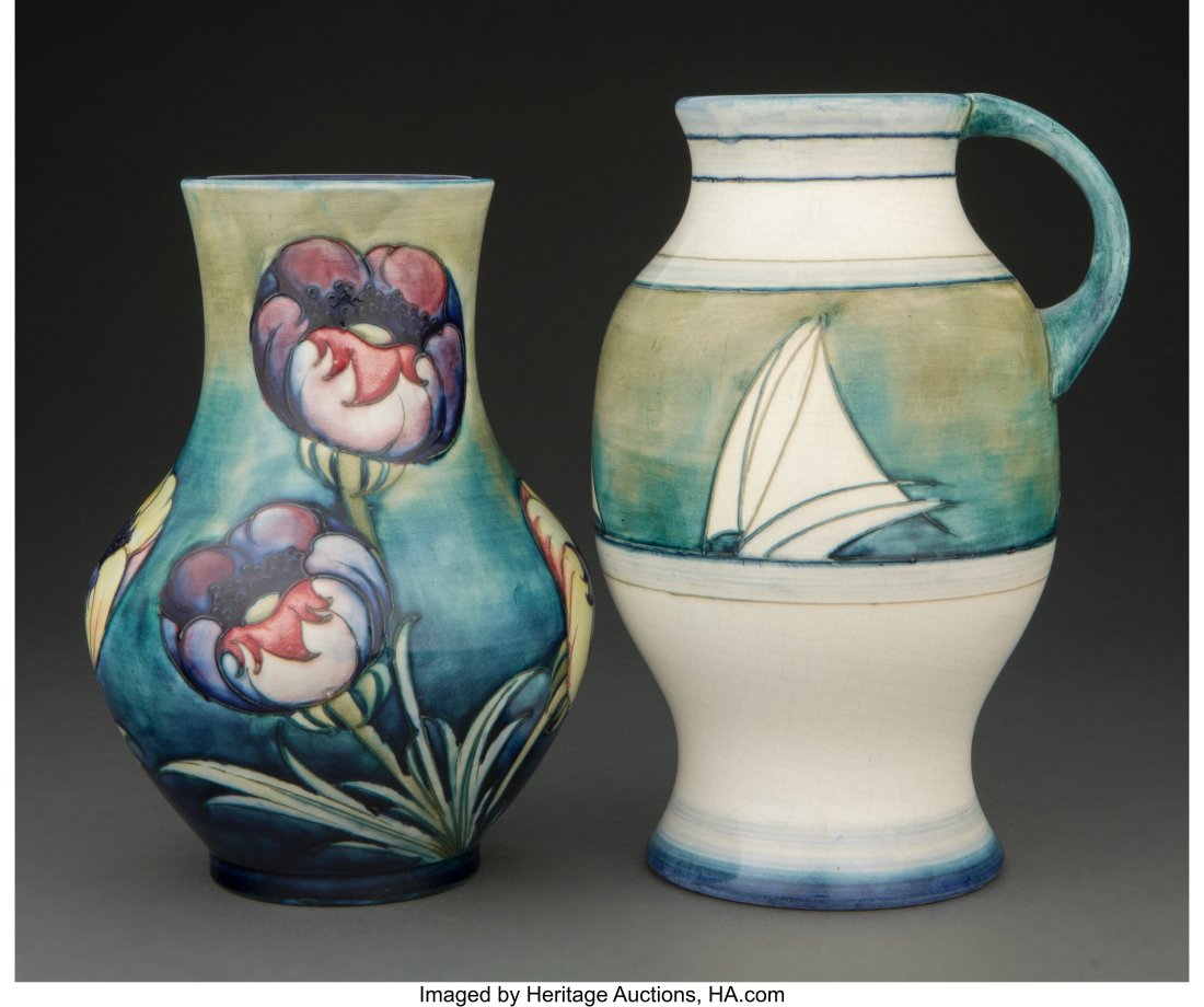 Two Moorcroft Glazed Earthenware Vases, circa 19: Two Moorcroft Glazed Earthenware Vases, circa 1930 Marks: W.M. Moorcroft, MOORCROFT, MADE IN ENGLAND, (various) 9-1/4 inches (23.5