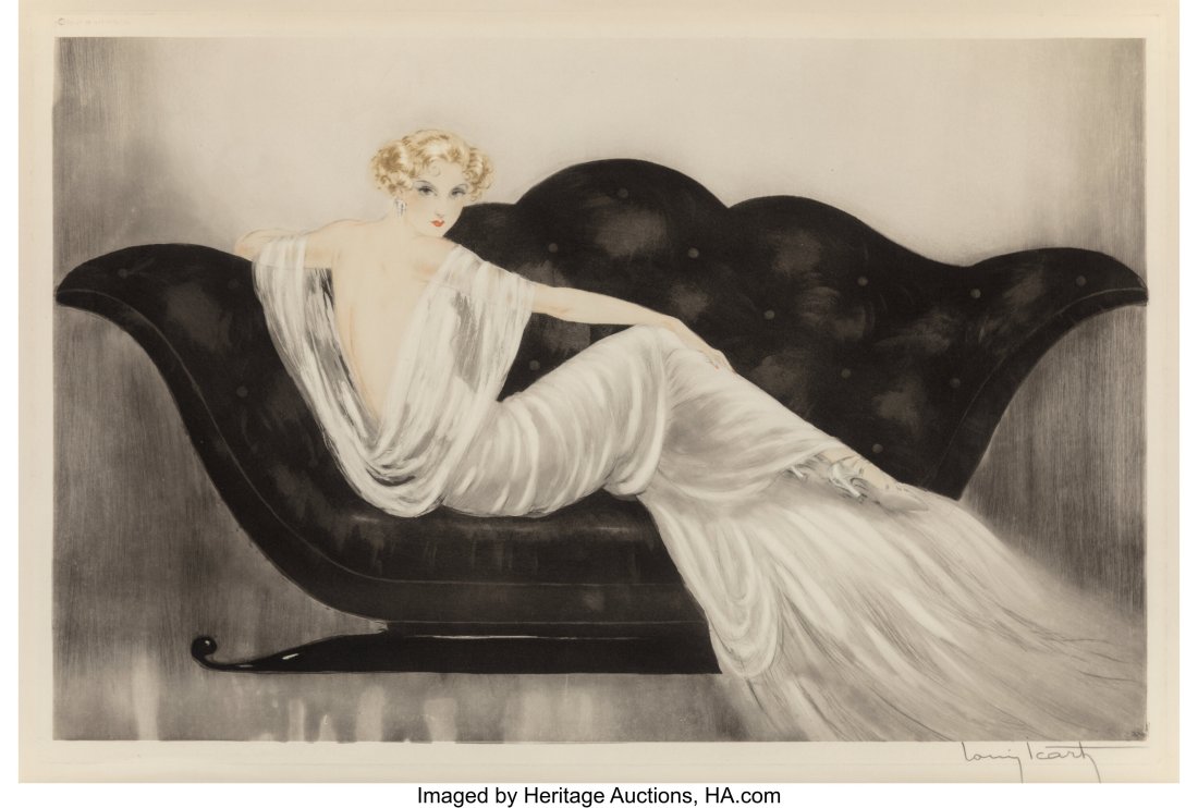 Louis Icart (French, 1888-1950) Sofa, 1937 Etchi: Louis Icart (French, 1888-1950) Sofa, 1937 Etching with hand coloring on wove paper 16-1/2 x 25-3/4 inches (41.9 x 65.4 cm) (image) Sign