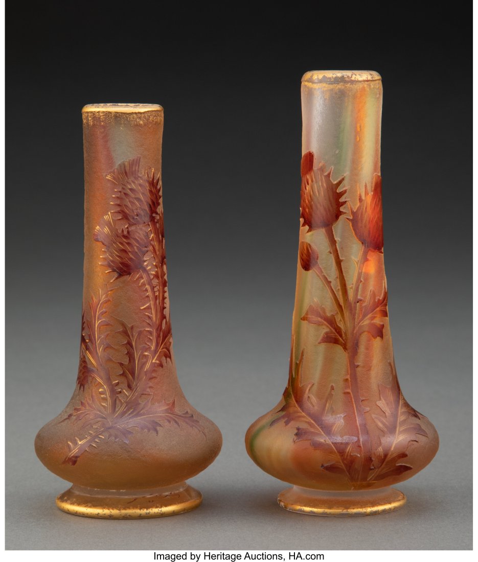 Two Daum Acid-Etched and Enameled Glass Thistle: Two Daum Acid-Etched and Enameled Glass Thistle Cabinet Vases, circa 1900 Marks: Daum, (Cross of Lorraine), Nancy 5 inches (12.7 cm) (tallest&rp