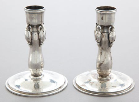 A PAIR OF GEORG JENSEN SILVER BLOSSOM PATTERN CA: A PAIR OF GEORG JENSEN SILVER BLOSSOM PATTERN CANDLESTICKS&