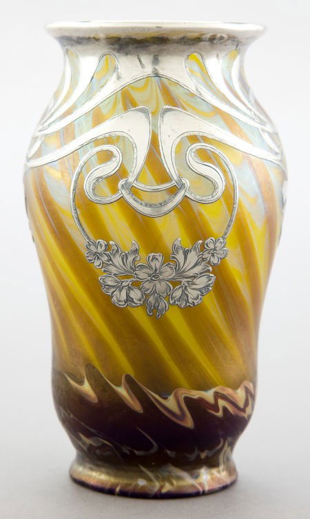 A LOETZ GLASS VASE WITH SILVER OVERLAY Glasfabr: A LOETZ GLASS VASE WITH SILVER OVERLAY Glasfabrik Johann Loetz Witwe, Klostermuhle, A