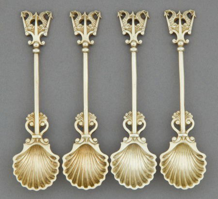 FOUR PAUL STORR GEORGE IV SILVER GILT DEMITASSE: FOUR PAUL STORR GEORGE IV SILVER GILT DEMITASSE SPOONS Paul Storr, London, England, 1