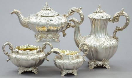 A FOUR PIECE CHARLES FOX VICTORIAN SILVER AND SI: A FOUR PIECE CHARLES FOX VICTORIAN SILVER AND SILVER GILT TEA AND COFFEE SERVICE Char