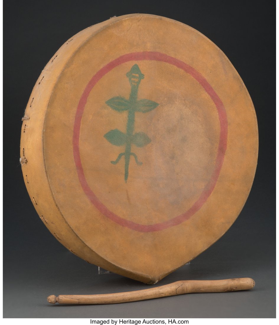 An Arapaho Pictorial Hide Drum c. 1890 wood, h: An Arapaho Pictorial Hide Drum c. 1890 wood, hide, pigments, cotton cloth, sinew Diameter: 15 inches HID03101062020 © 2022 Heritage Auctions | All Rights