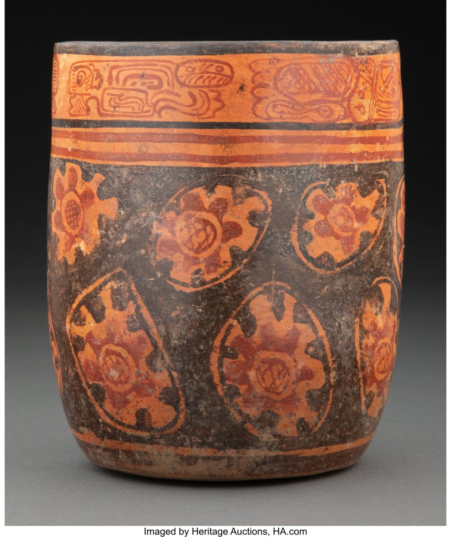 A Large Maya Cylinder Vase Mesoamerica, Late Cl: A Large Maya Cylinder Vase Mesoamerica, Late Classic, c. 600-900 AD Earthenware, the exterior painted in black, orange, and red with a wide band containing irregul