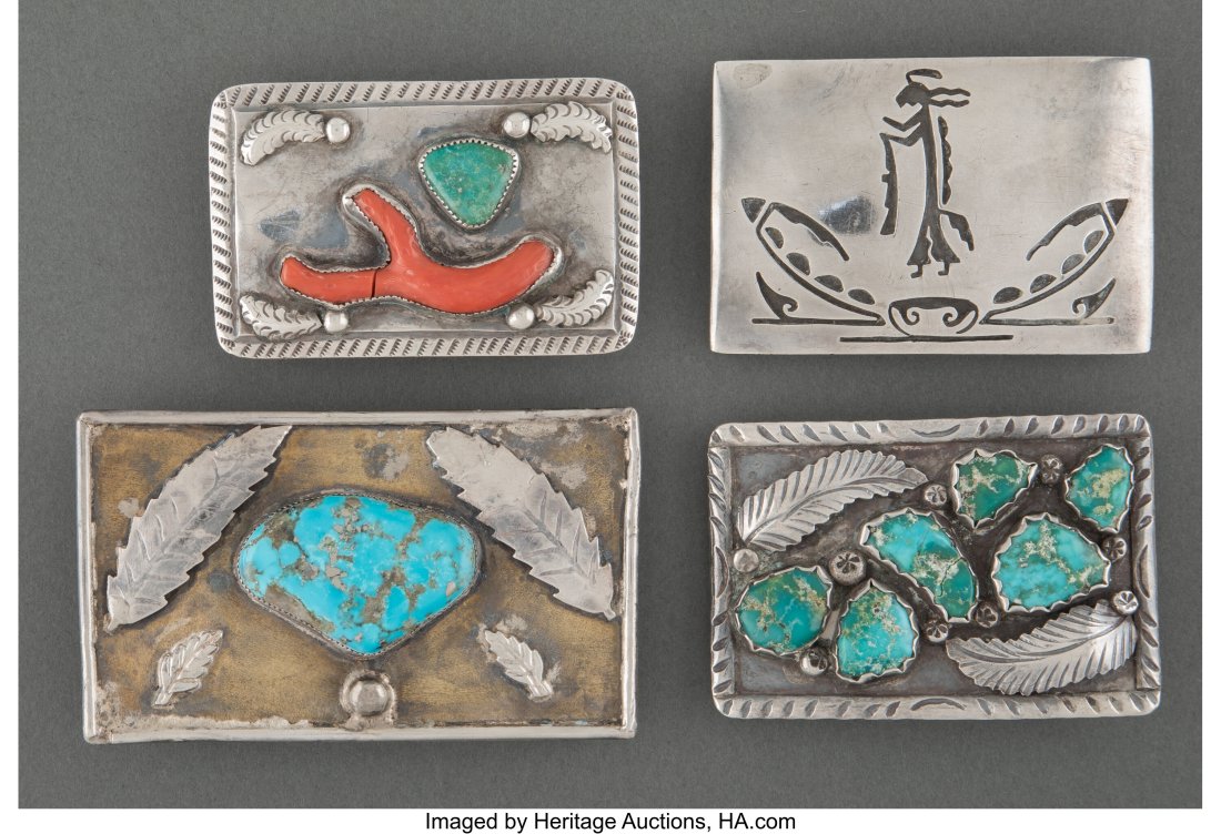 Four Southwest Belt Buckles c. 1950 - 1970 inc: Four Southwest Belt Buckles c. 1950 - 1970 including two Navajo examples, one Zuni example stamped Angie C,. Zuni; and one Hopi example stamped Robt. Kelley&comma