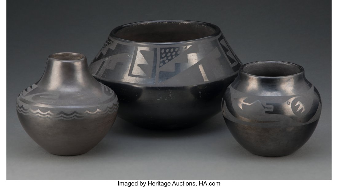Three San Ildefonso Blackware Jars Helen Gutie: Three San Ildefonso Blackware Jars Helen Gutierrez, Desideria Martinez, and Maria Martinez c. 1935 - 1970 clay, paint, one signed Helen; another signed Desideria&se