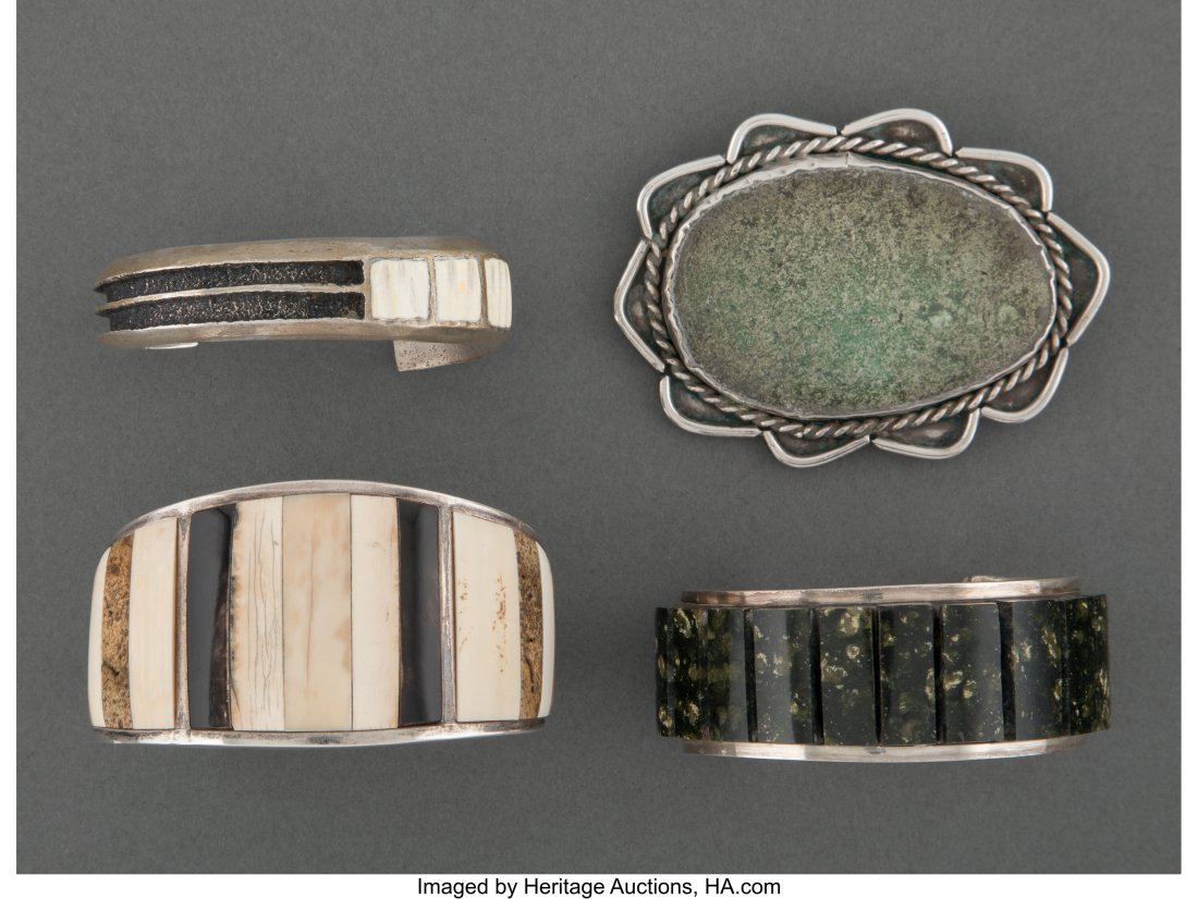 Four Southwest Jewelry Items c. 1950 - 1990 i: Four Southwest Jewelry Items c. 1950 - 1990 including three bracelets and one brooch, silver, serpentine, turquoise, shell, bone, horn Provenance: Prop