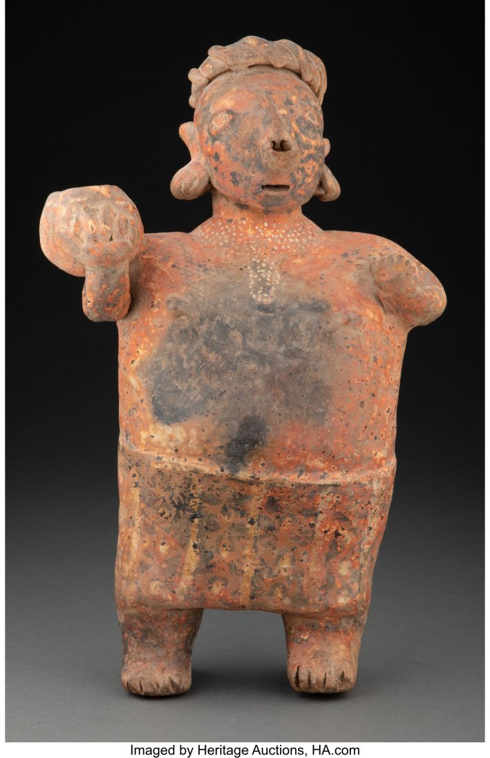 A Nayarit Female Figure West Mexico, c. 250 BC: A Nayarit Female Figure West Mexico, c. 250 BC - 250 AD Hollow earthenware a red-brown color with black and cream paints. She stands on short legs and wears a wrap-around skirt dec