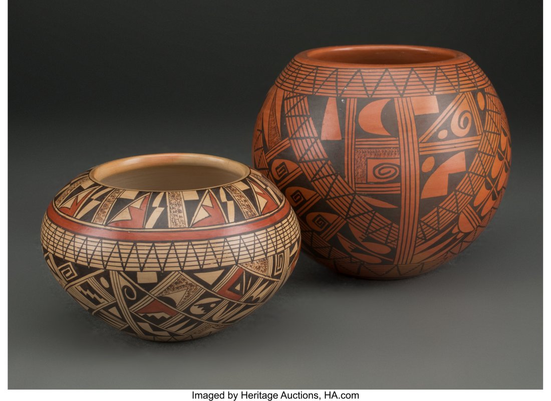 Two Hopi Jars Rondina Huma c. 1980 and 1990 c: Two Hopi Jars Rondina Huma c. 1980 and 1990 clay, paint, the smaller example signed R. Huma, Tewa, Polacca, AZ; the other signed Rondina Huma, Te