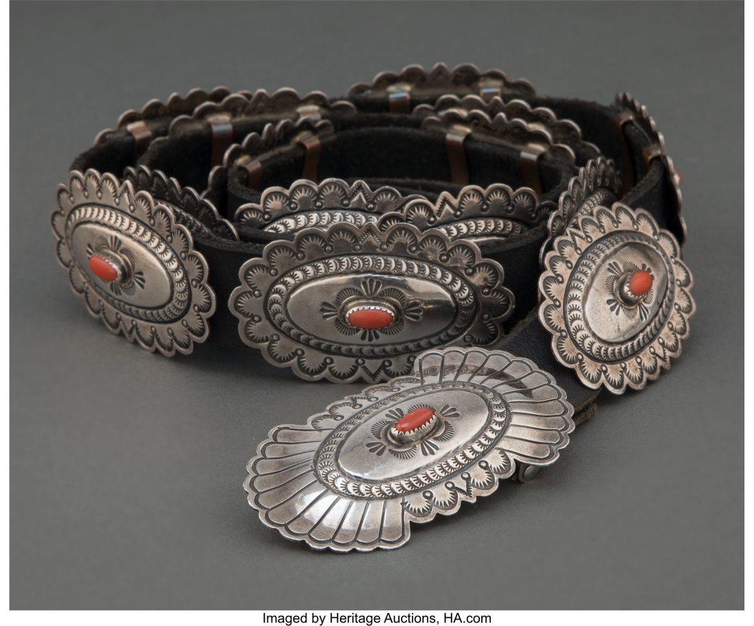A Navajo Concho Belt c. 2000 Lengths: overall,: A Navajo Concho Belt c. 2000 Lengths: overall, 49 inches; conchos, 2 &frac12; inches each HID03101062020 © 2022 Heritage Auctions | All Rights Reserved