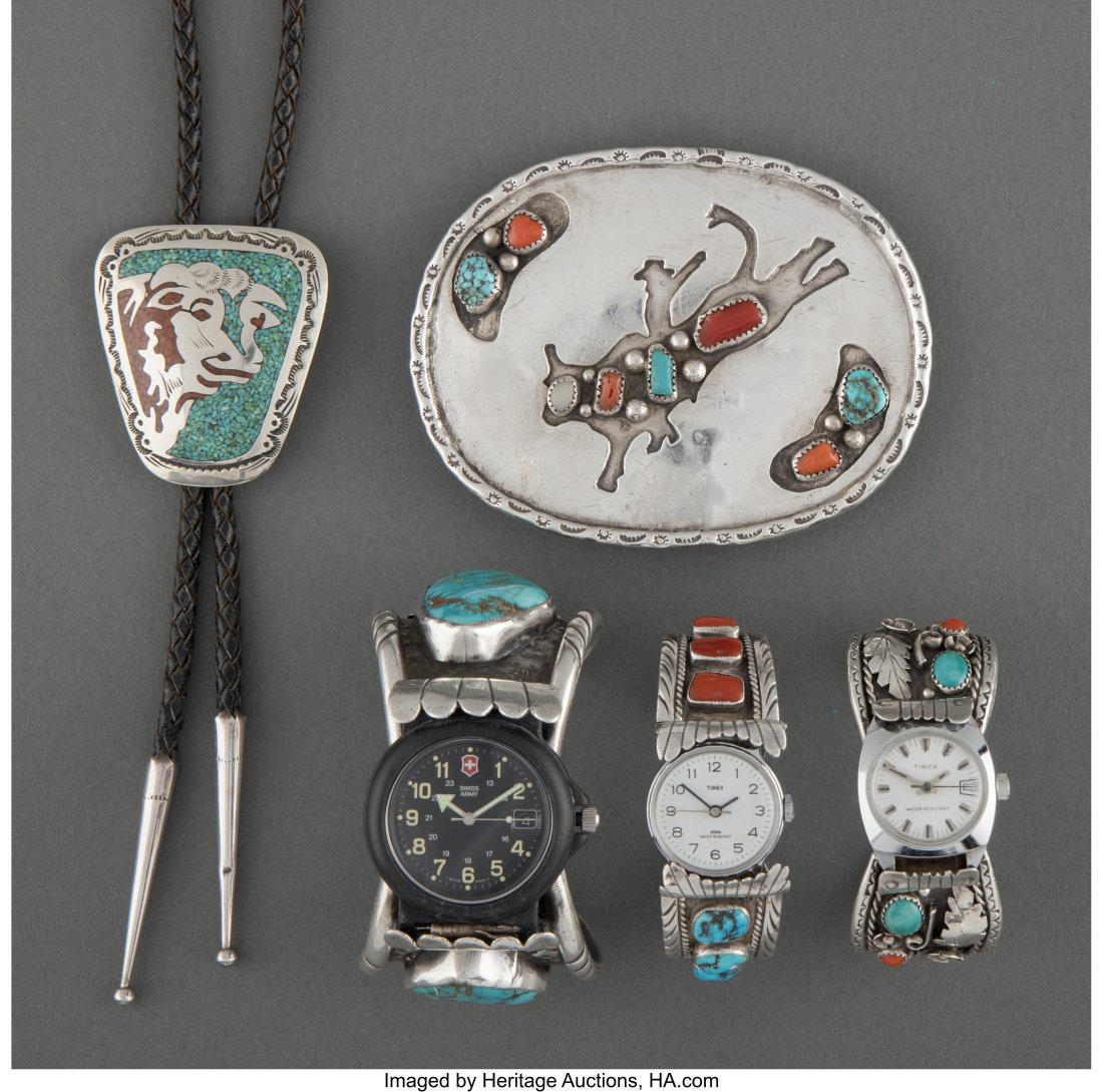 Five Navajo Jewelry Items including three watch: Five Navajo Jewelry Items including three watch bands, a bolo tie, and a belt buckle, silver Width of belt buckle: 4 inches HID03101062020 © 2022 Heritage Auctions | 