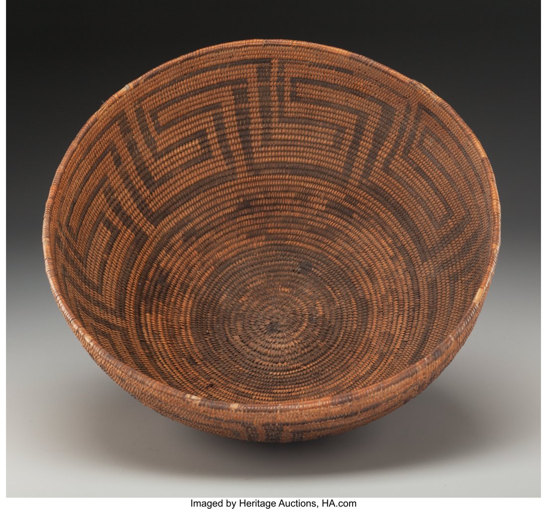 A Large Pima Coiled Bowl c. 1890 willow, devi: A Large Pima Coiled Bowl c. 1890 willow, devil's claw Provenance: The William Alberta Collection Diameter: 16 inches HID03101062020 © 2022 Heritage Auctions | All Ri