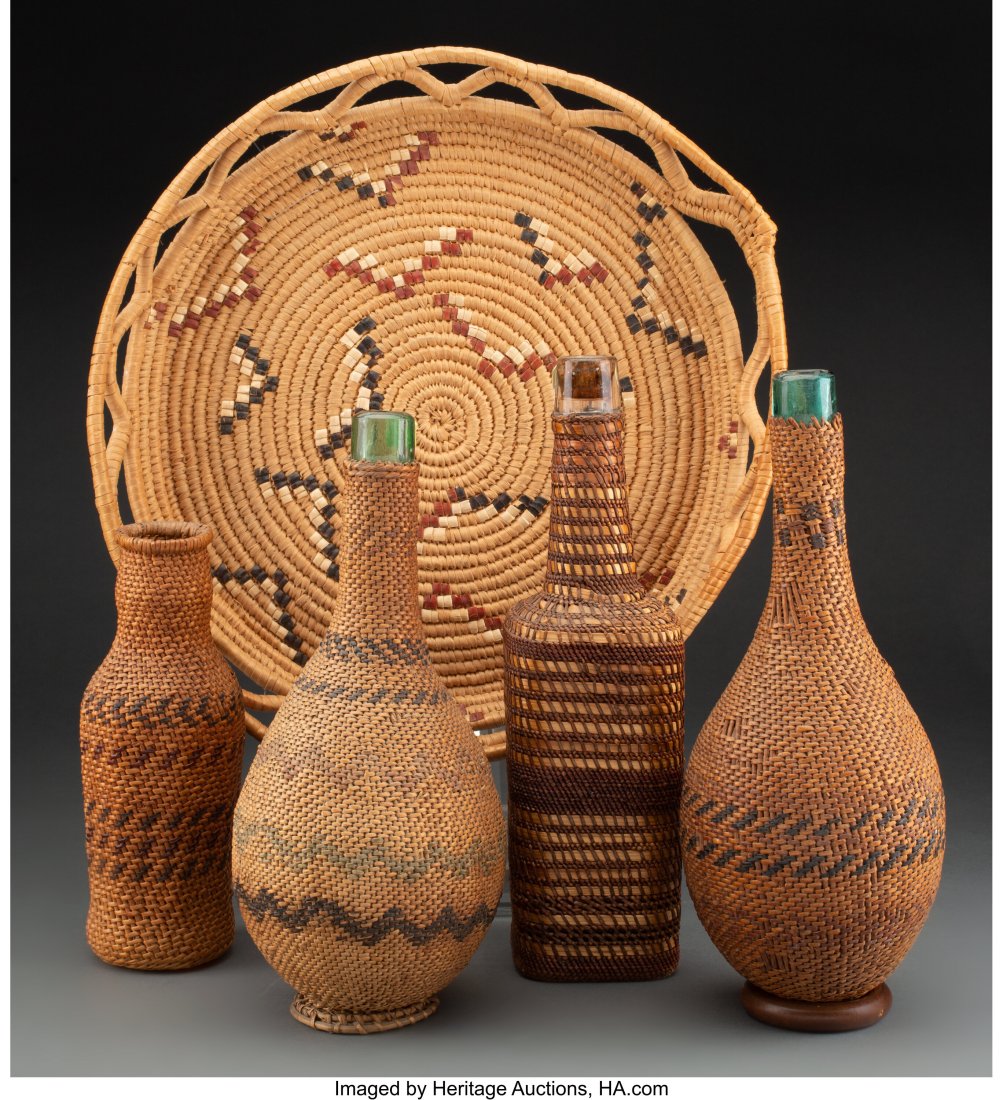 Five California/Northwest Coast Basketry Items : Five California/Northwest Coast Basketry Items including four bottles and one tray Provenance: Property from the Donna Gold Family Collection of Ethnographic Art, Los Angeles, CA