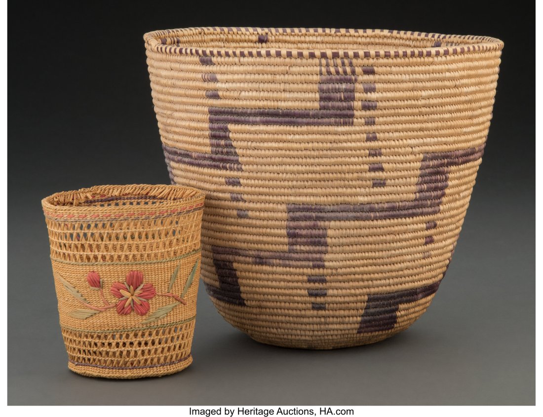 Two Alaskan Baskets including a small twined At: Two Alaskan Baskets including a small twined Attu example and a coiled example Diameters: 3 and 7 inches HID03101062020 © 2022 Heritage Auctions | All Rights Reserved