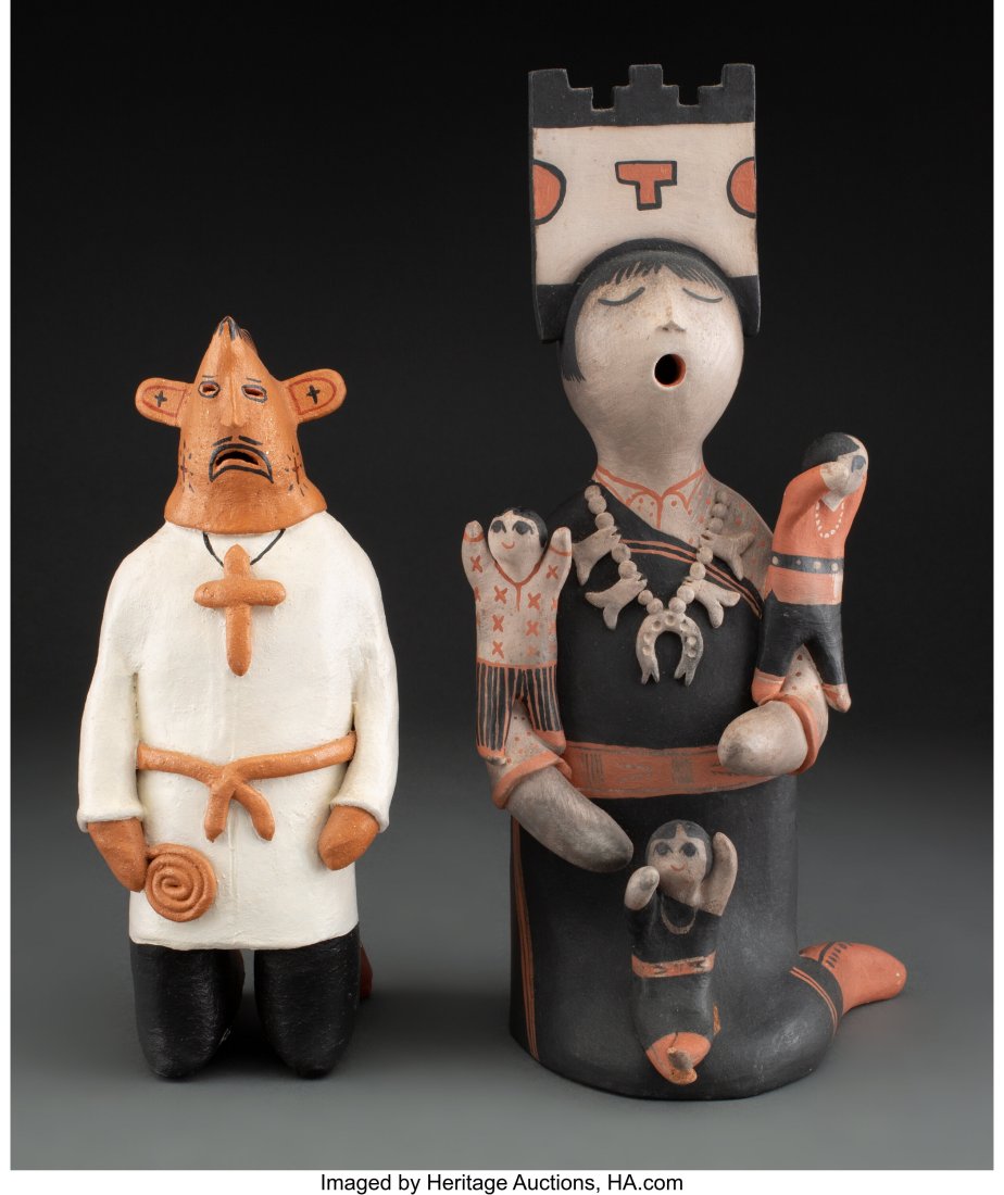Two Cochiti Polychrome Storytellers Pablo Quint: Two Cochiti Polychrome Storytellers Pablo Quintana the smaller example with commercial paint; the larger, with natural paint, each signed Pablo Quintana Provenance: From a Promi