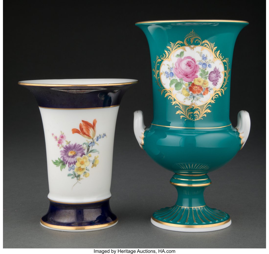 Two Meissen Partial Gilt Porcelain Flower Bouque: Two Meissen Partial Gilt Porcelain Flower Bouquet Vases, 20th century Marks: crossed swords in blue underglaze to each 7-3/4 x 4-3/4 x 3-3/4 inches (19.7 x 12&perio