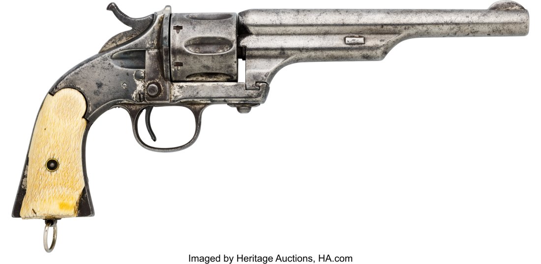 Merwin & Hulbert Single Action Army Revolver. : Merwin & Hulbert Single Action Army Revolver. Serial no. 18040 [butt], .44 caliber, 7-inch barrel with fixed front and rear sights. Nickel-plate