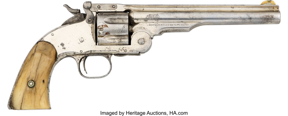 U.S. Smith & Wesson First Model Schofield Single: U.S. Smith & Wesson First Model Schofield Single Action Revolver. Serial no. 8702 [butt and cylinder], .44 caliber, 7-inch ribbed barrel
