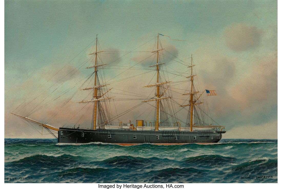 Antonio Jacobsen (American/Danish, 1850-1921) US: Antonio Jacobsen (American/Danish, 1850-1921) US SS Trenton, 1918 Oil on canvas laid on board 16 x 24 inches (40.6 x 61.0 cm) Signed and dated lower r