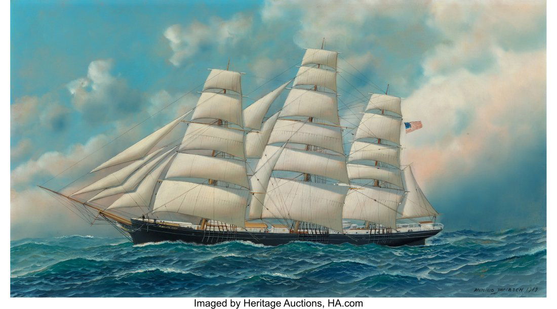 Antonio Jacobsen (American/Danish, 1850-1921) Gl: Antonio Jacobsen (American/Danish, 1850-1921) Glory of the Sea, 1919 Oil on board 20 x 35-5/8 inches (50.8 x 90.5 cm) Signed lower right: An