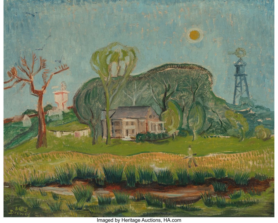 Werner Drewes (American, 1899-1985) Sunny Estate: Werner Drewes (American, 1899-1985) Sunny Estate, 1933 Oil on canvas 20-1/2 x 25-1/2 inches (52.1 x 64.8 cm) Signed and dated with the artist's pe