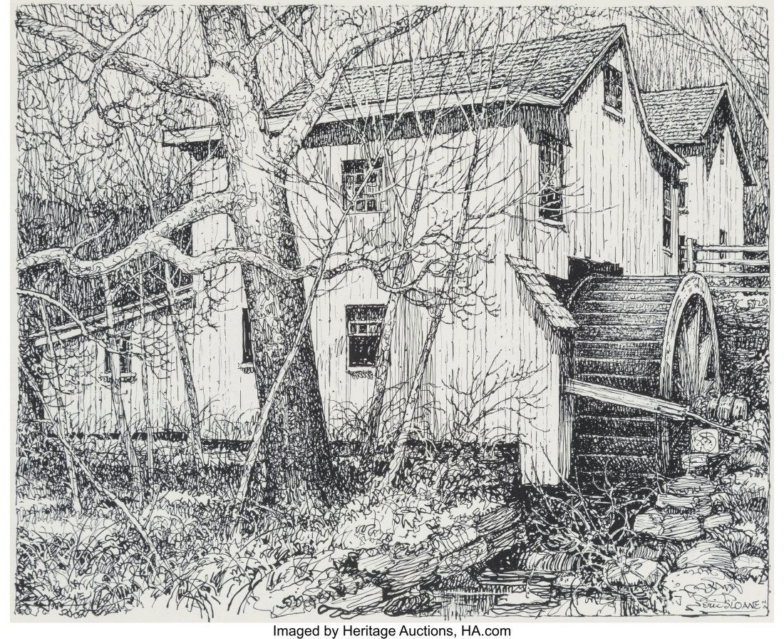 Eric Sloane (American, 1905-1985) Lovejoy Bridge: Eric Sloane (American, 1905-1985) Lovejoy Bridge and Old Farmhouse (pair) Ink and gouache on paper, each 13-3/4 x 15-1/4 inches (34.9 x 38.7