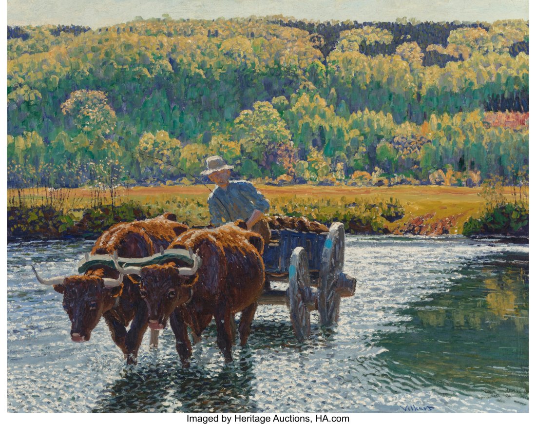 Edward Charles Volkert (American, 1871-1935) Oxe: Edward Charles Volkert (American, 1871-1935) Oxen Hoofing Stream Oil on canvas 40 x 50 inches (101.6 x 127 cm) Signed lower right: Volkert PROVENANCE: Priv