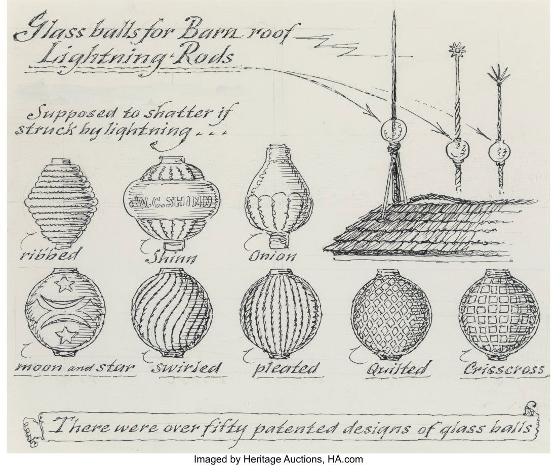 Eric Sloane (American, 1905-1985) Lightning Rods: Eric Sloane (American, 1905-1985) Lightning Rods and Lightning Balls (pair) Mixed media on paper, each 12 x 14-1/2 inches (30.5 x 36.8 cm) &