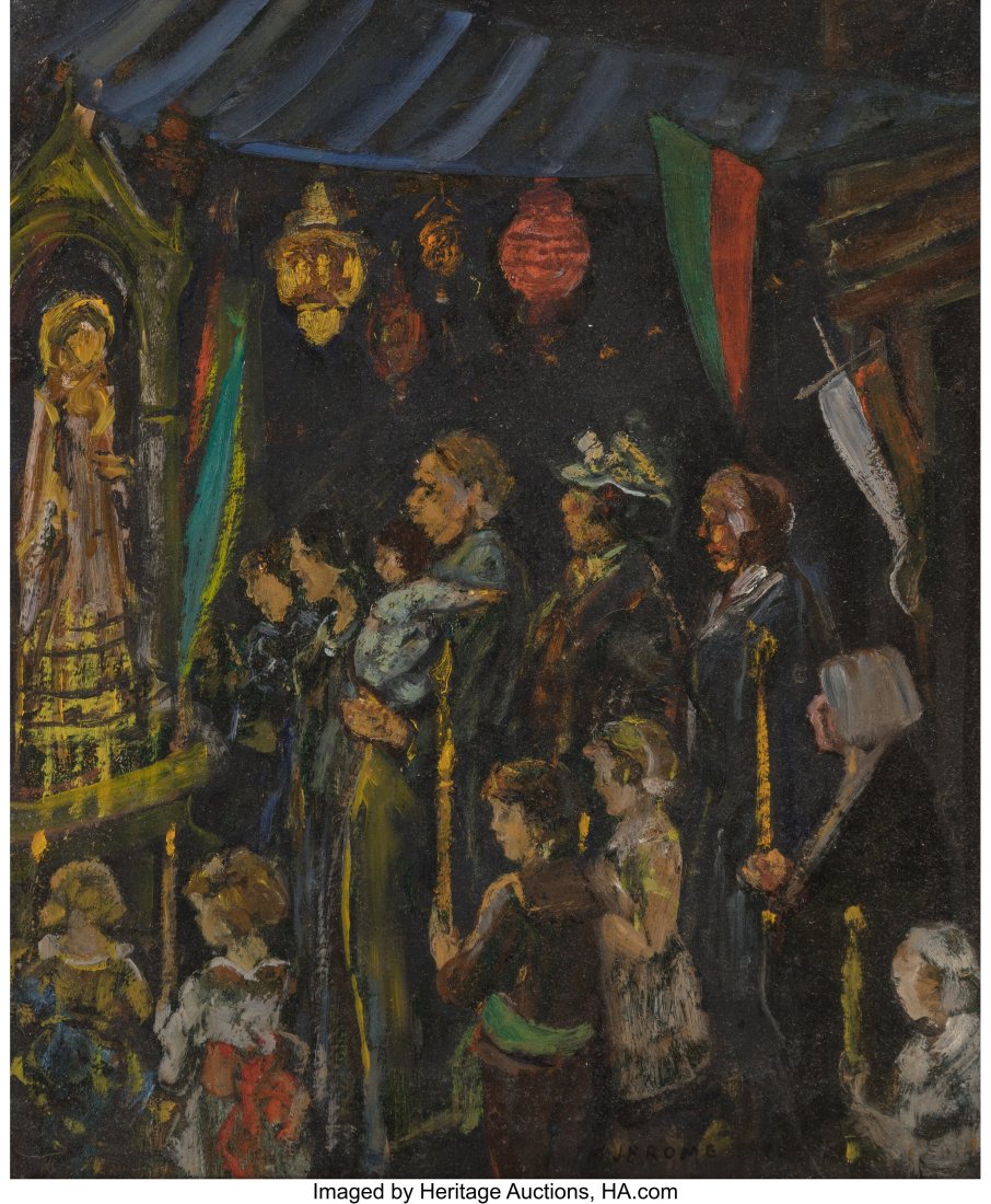 Jerome Myers (American, 1867-1940) Madonna Worsh: Jerome Myers (American, 1867-1940) Madonna Worship Oil on board 18-1/2 x 14-1/2 inches (47.0 x 36.8 cm) Signed lower right: Jerome Myers Bears ins