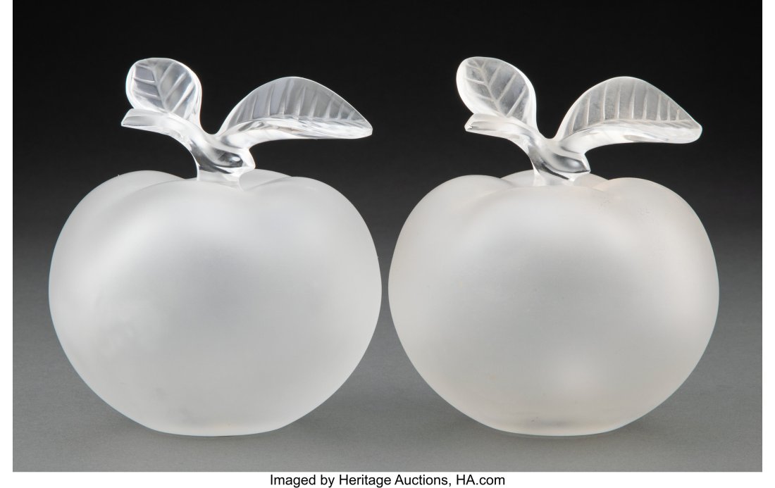 Pair of Lalique Frosted and Clear Glass Grand Po: Pair of Lalique Frosted and Clear Glass Grand Pomme Perfume Bottles, post-1945 Marks: Lalique France 5-3/4 x 5-1/4 x 5 inches (14.6 x 13.3 x 12.7 cm)
