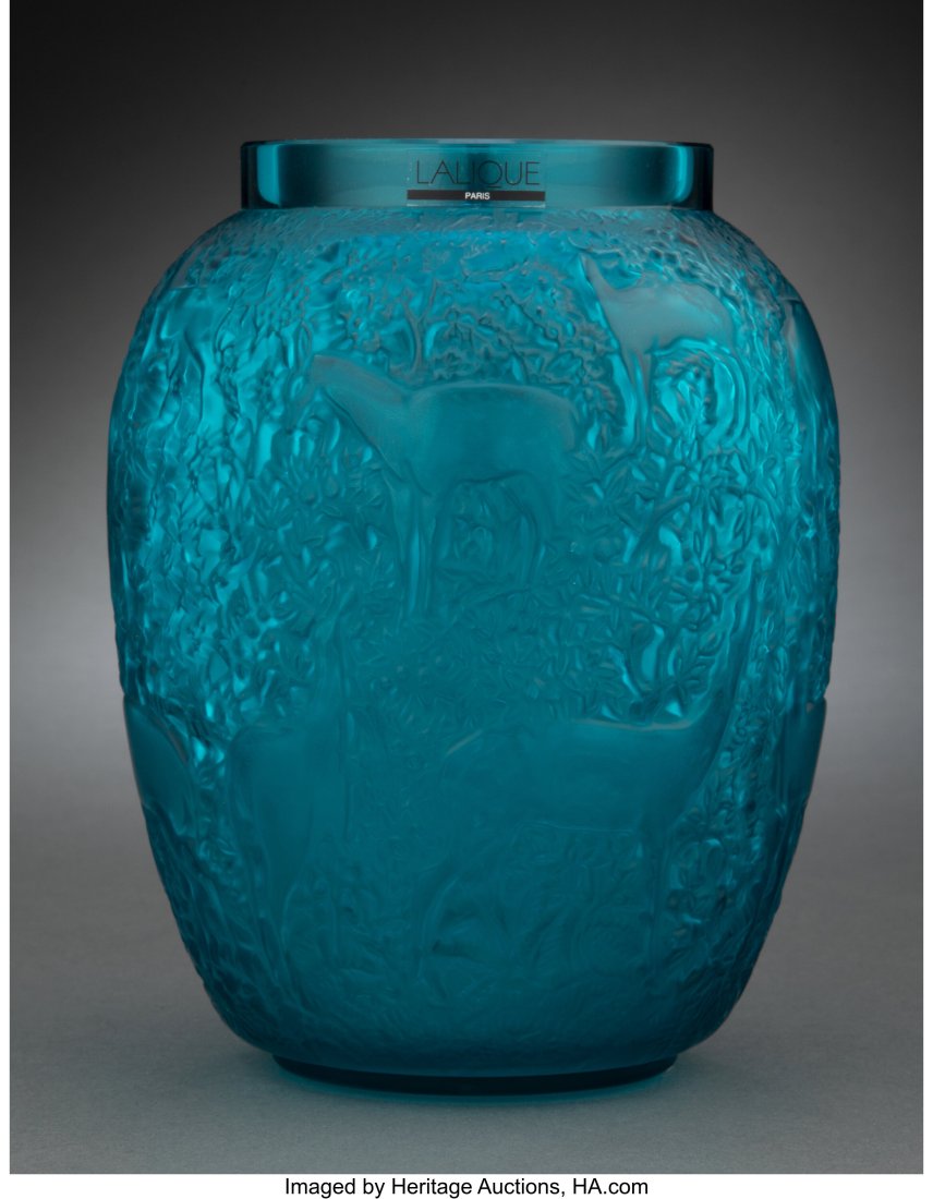 Lalique Blue Glass Biches Vase, post-1945 Marks:: Lalique Blue Glass Biches Vase, post-1945 Marks: Lalique France 7 inches (17.8 cm) HID03101062020 © 2023 Heritage Auctions | All Rights Reserved