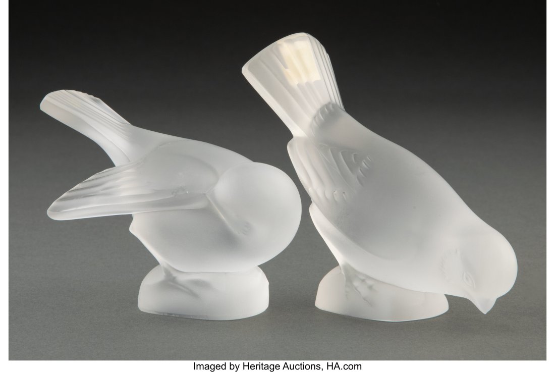 Pair of Lalique Clear and Frosted Glass Bird Pap: Pair of Lalique Clear and Frosted Glass Bird Paperweights, post-1945 Marks: Lalique France 4 x 5 inches (10.2 x 12.7 cm) (tallest) The group comprising&co